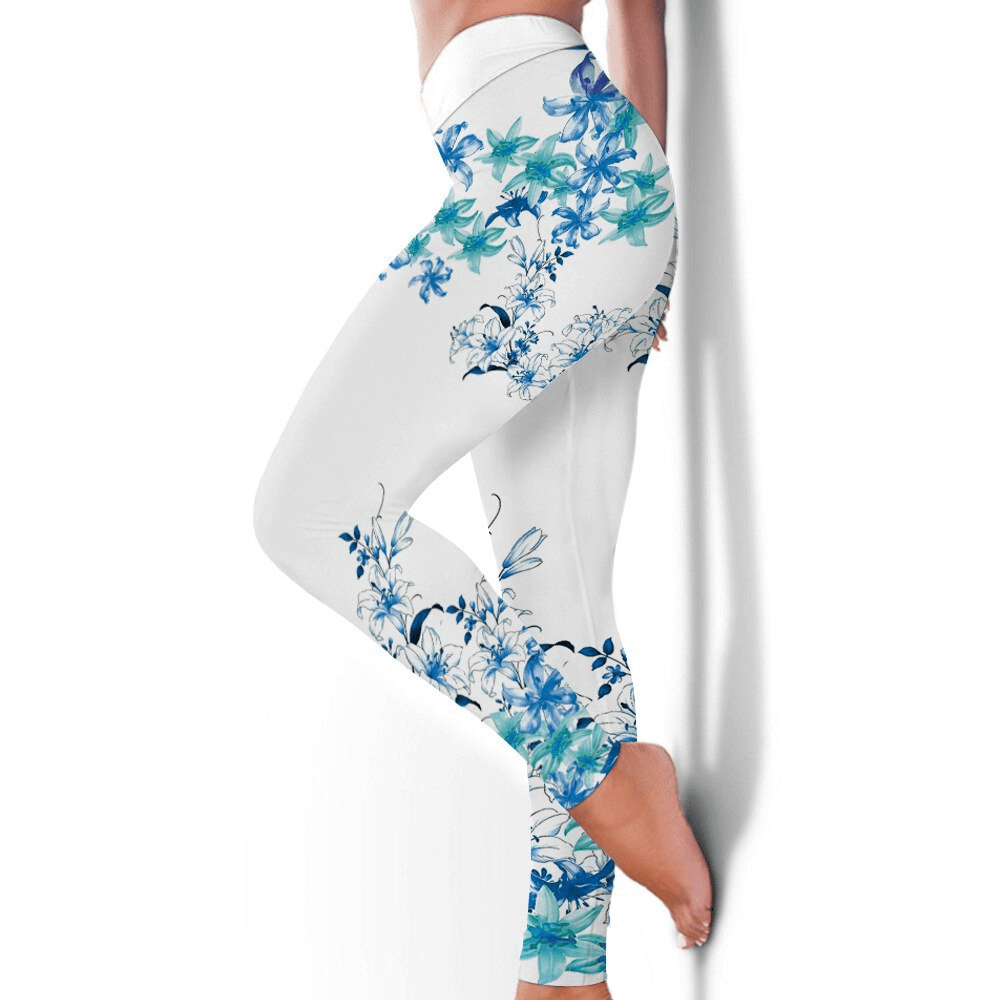 Seamless Printed Elastic Women's Workout Leggings with floral design, perfect for yoga or running, featuring full-length fit and comfort.